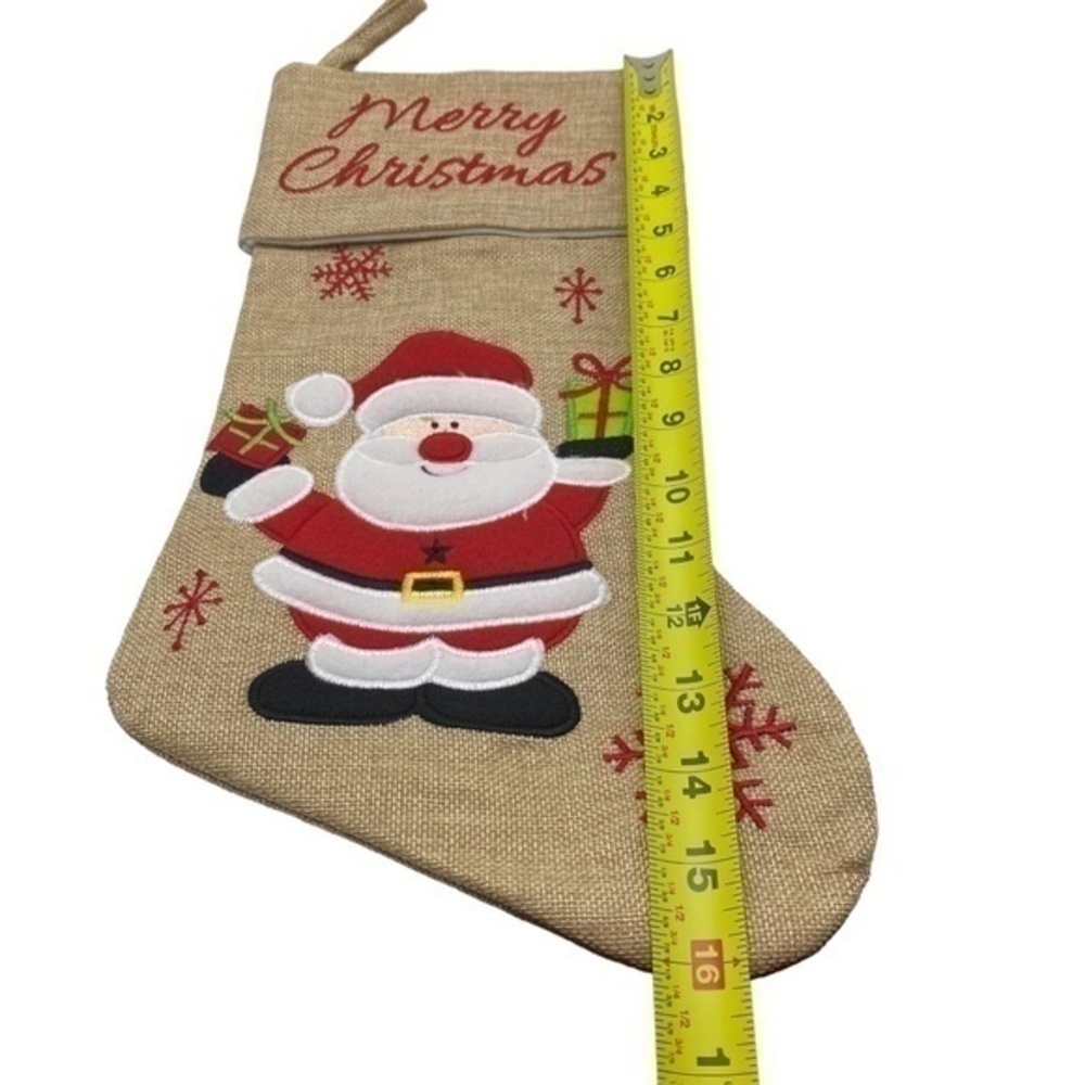NWOT Merry Christmas Santa Gifts Embroidered Burlap Lined Stocking - Picture 5 of 5